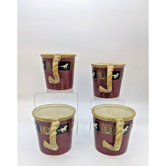 Sonoma Home Happy Trails Red 16 oz Ceramic Coffee Tea Mugs Western Horse Set 4 - Picture 3 of 10
